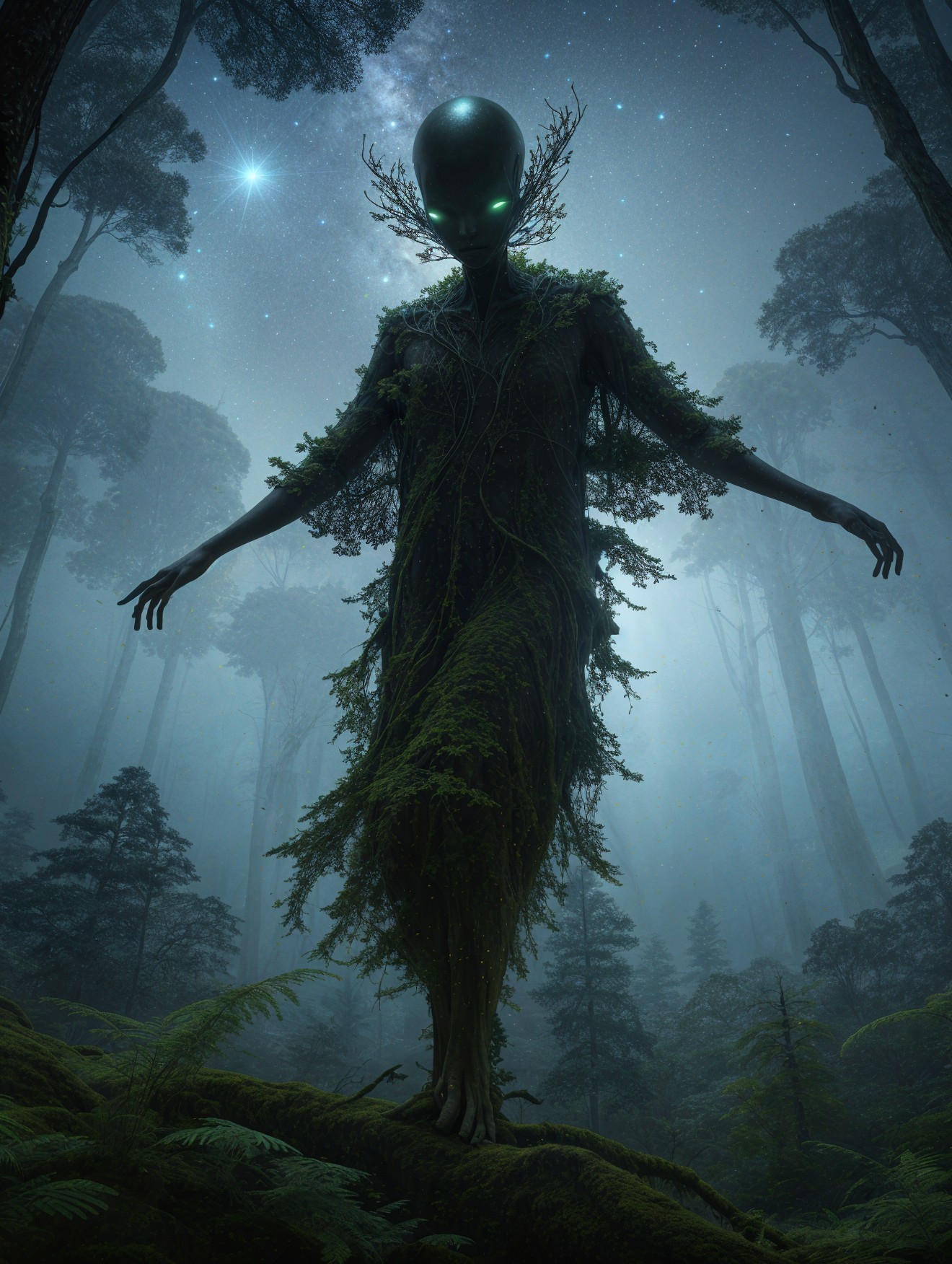 Ethereal figure in a mystical forest with glowing eyes