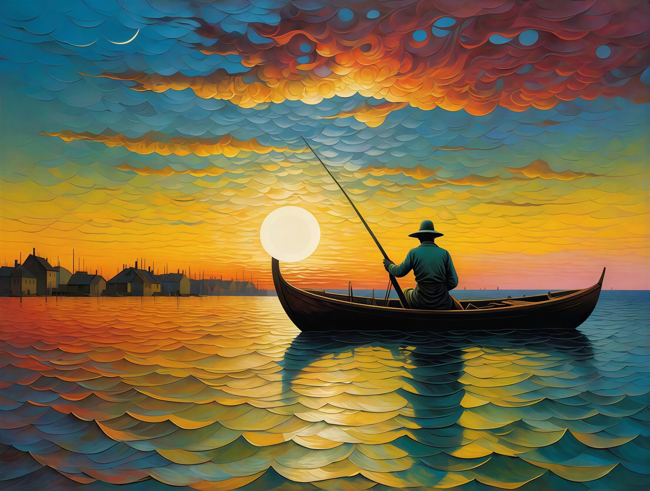 Dreamlike Oil Painting of Fisherman at Sunset