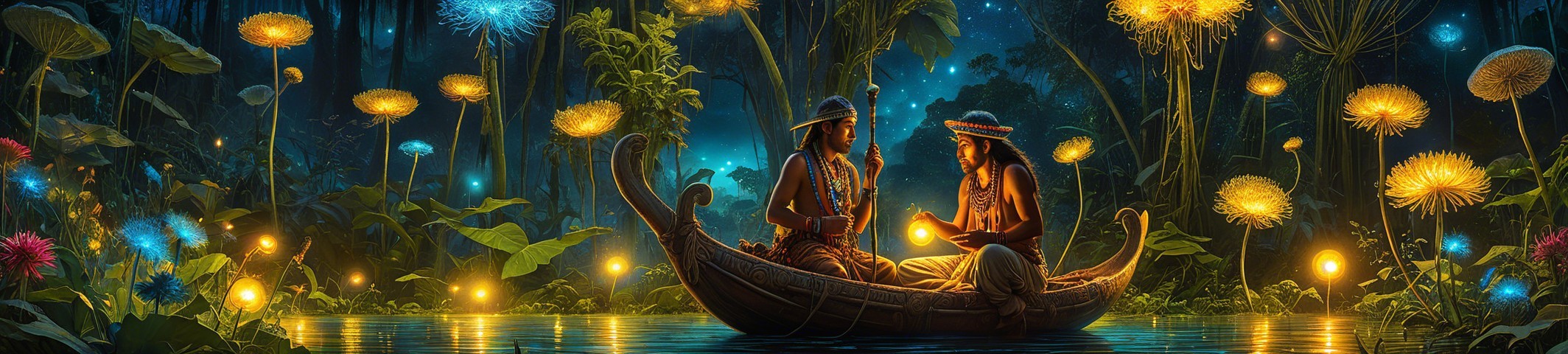 Mystical Jungle Canoe Scene with Luminescent Flora