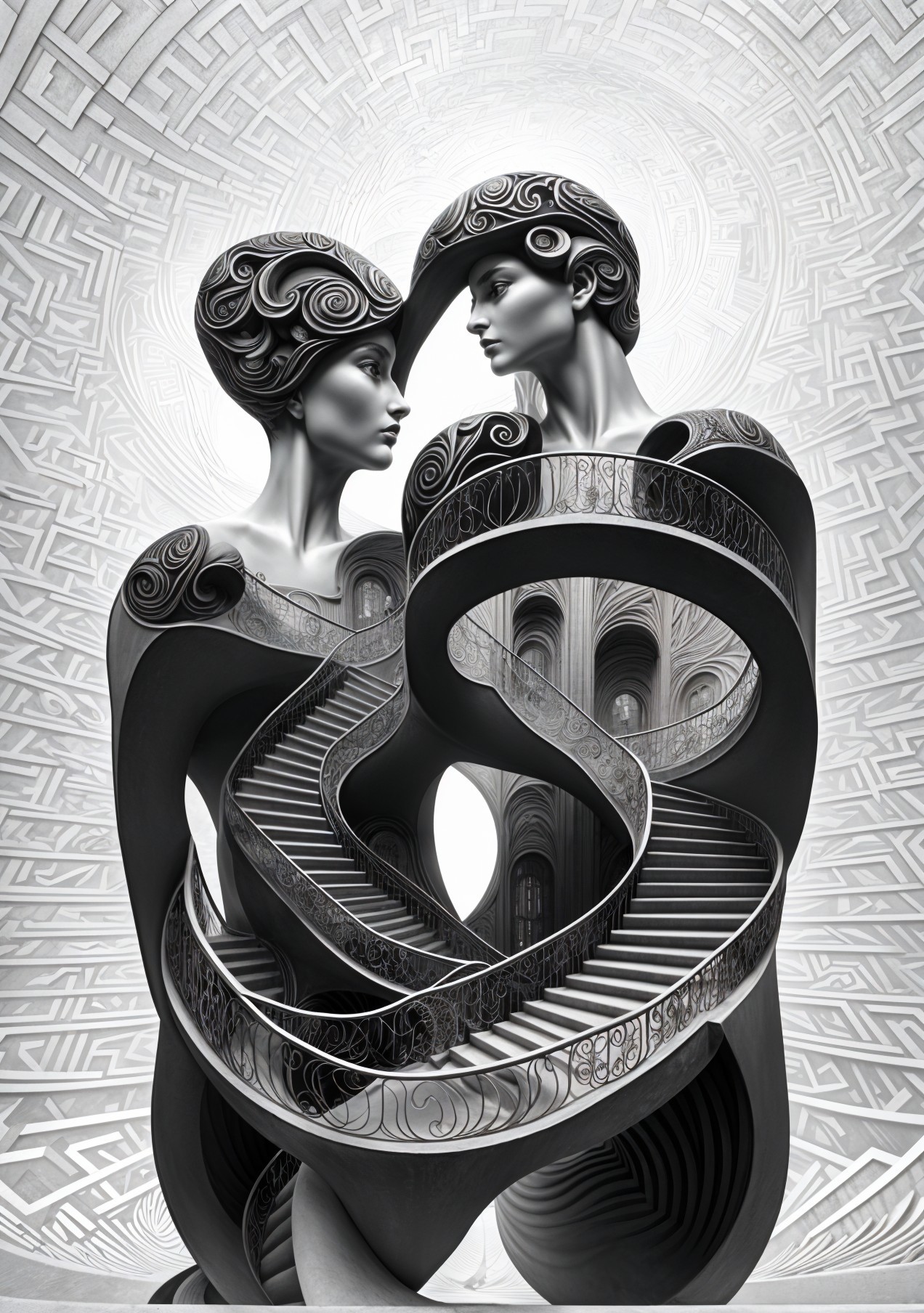 Stylized humanoid figures on a surreal staircase