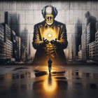 Abstract Figure of Woman Amid City and Waterway