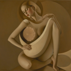 Ethereal Woman with Flowing Hair and Sunburst Motif