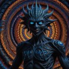 Stylized Figure with Geometric Form and Swirling Background