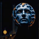 Surreal Scene with Skull-Like Moon and Lanterns