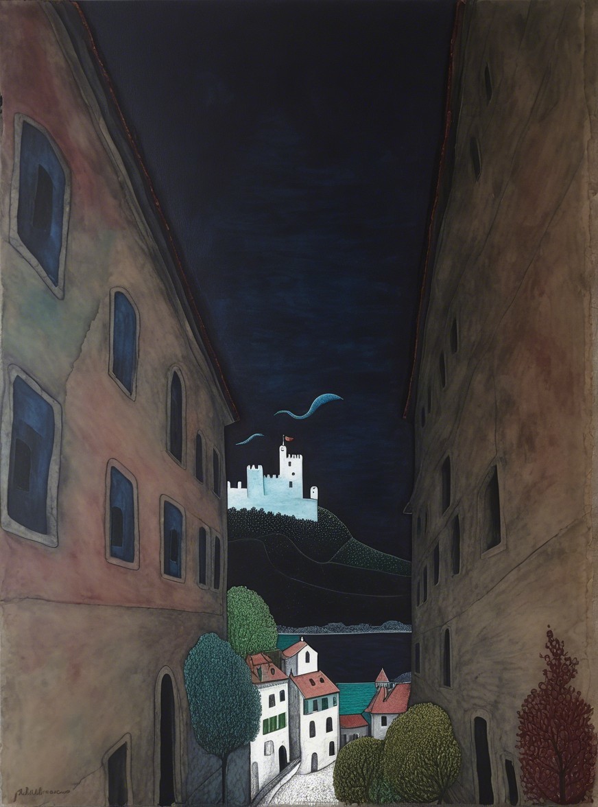 Nighttime Alley with Illuminated Castle and Houses