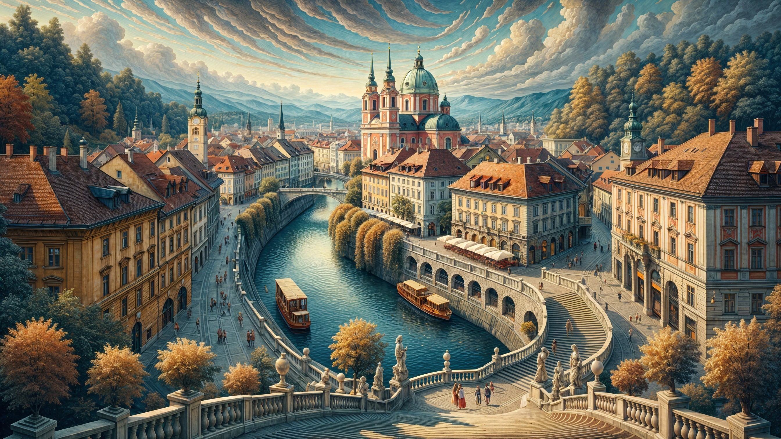 Picturesque European Town by a Winding River