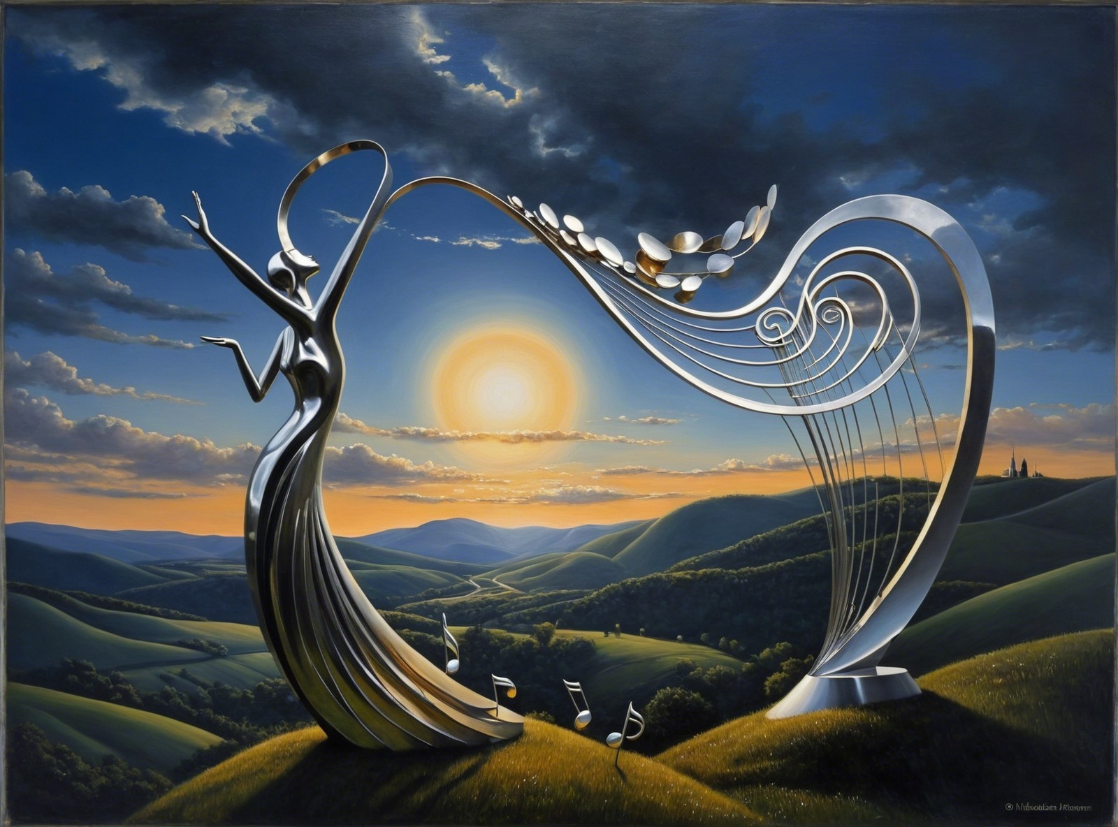 Sculpture of Woman with Harp in Serene Landscape