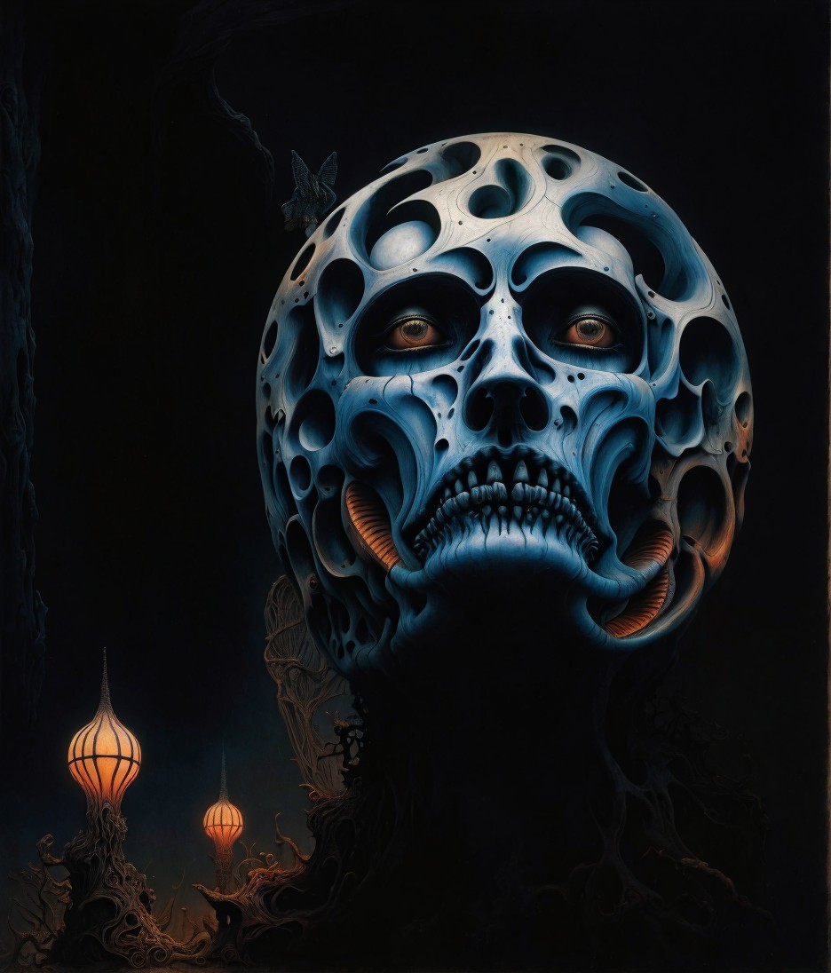 Surreal Scene with Skull-Like Moon and Lanterns