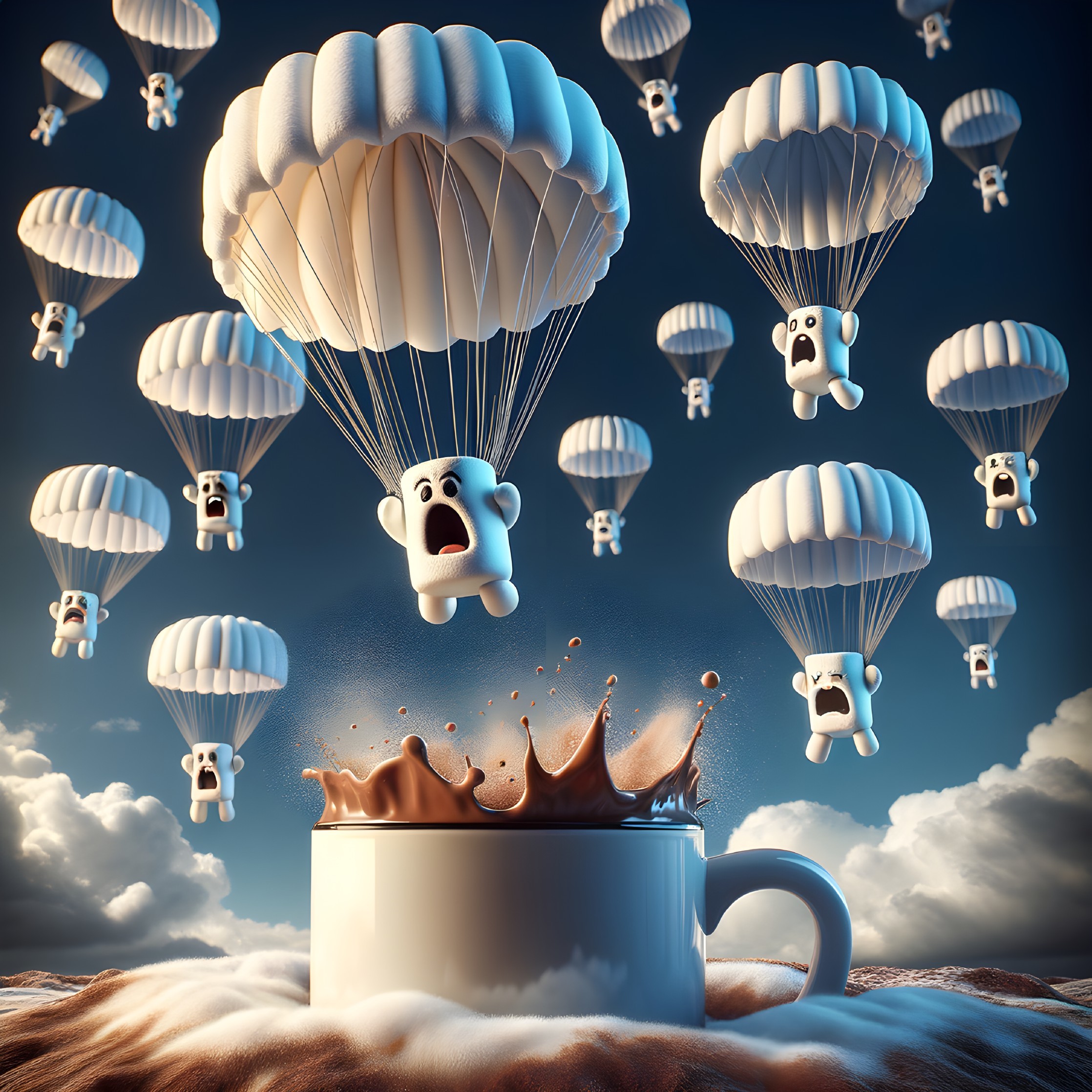 Marshmallows with parachutes land in hot chocolate under fluffy clouds
