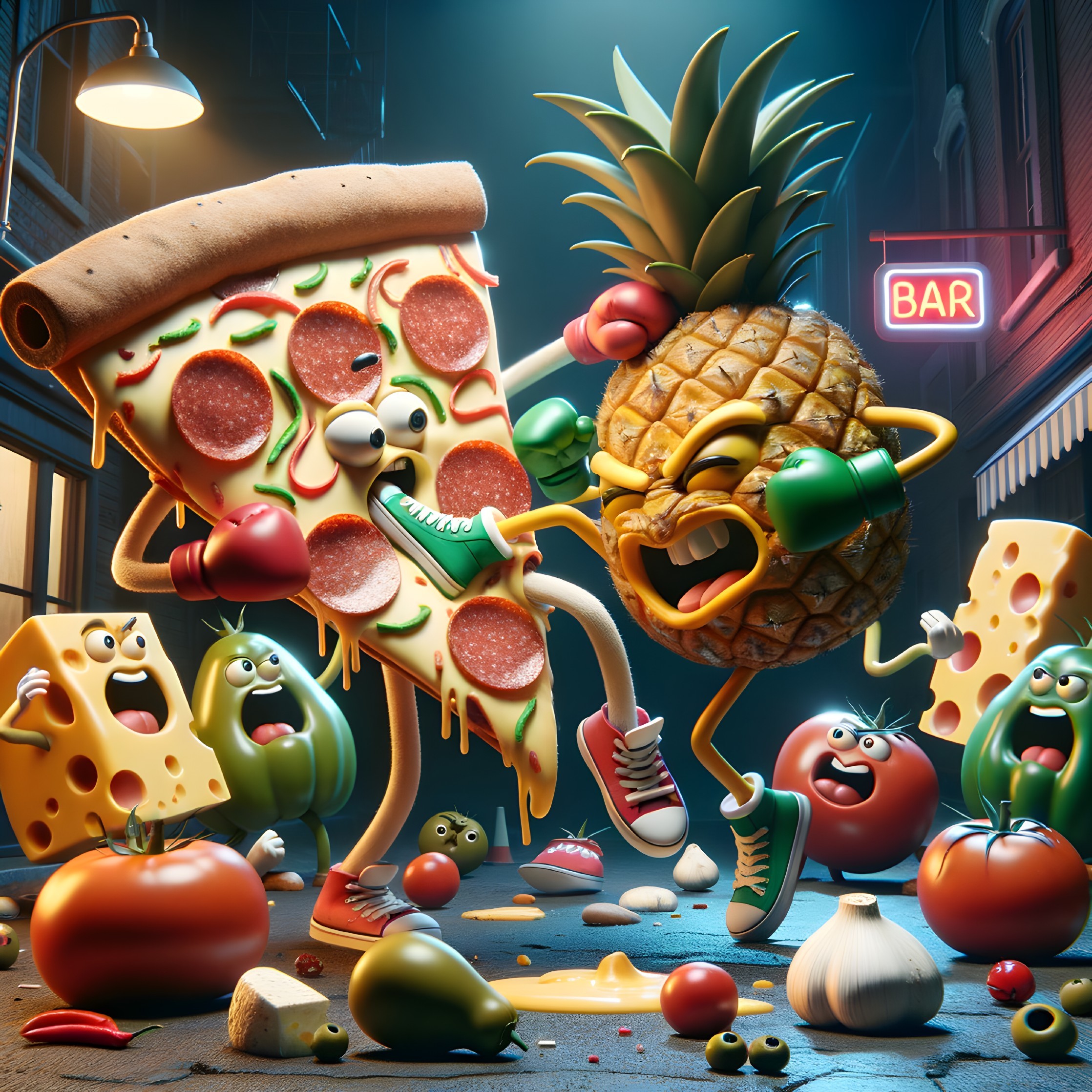 Mischievous Food Characters in a Nighttime City Scene