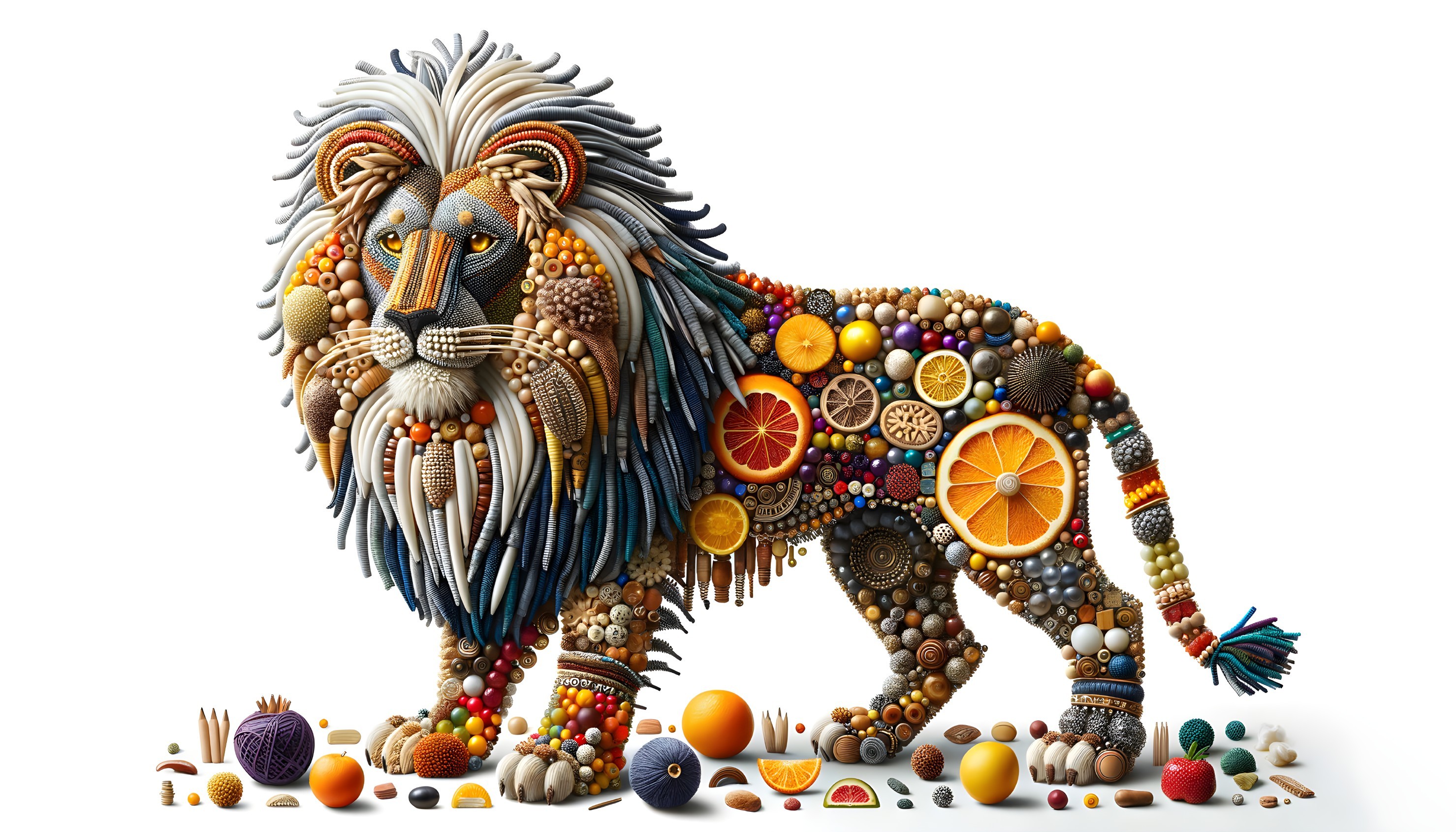 Colorful Lion Sculpture Made of Fruits, Vegetables, and Grains