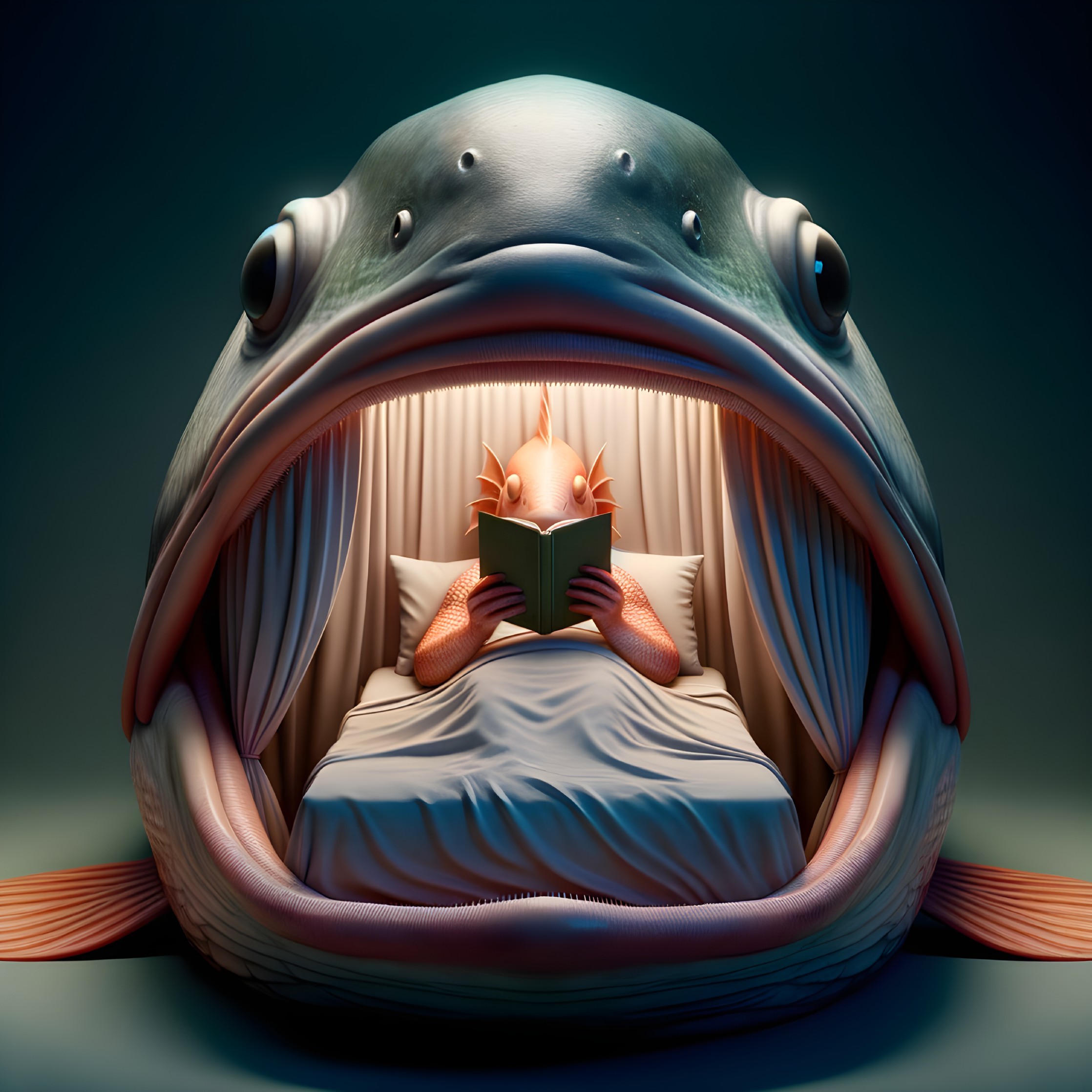 Illustration: Giant fish with bedroom inside, cozy bed, fish reading book