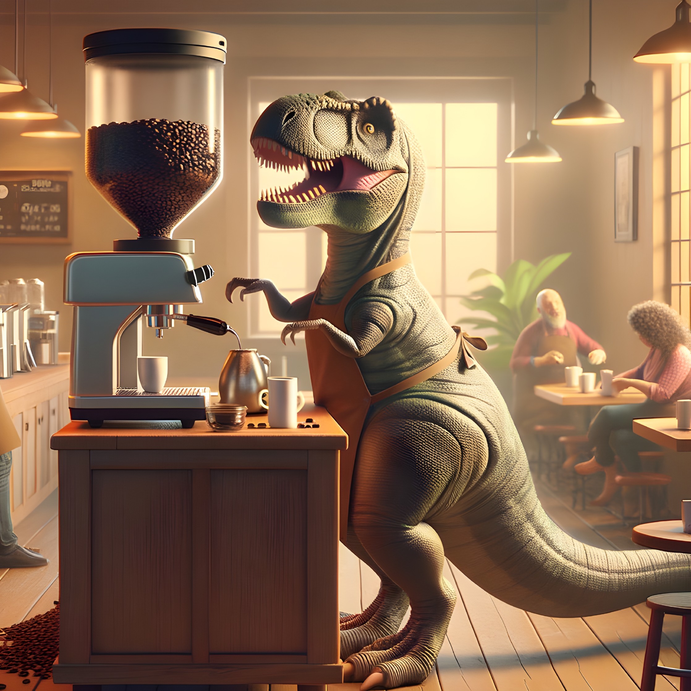 Colorful dinosaur barista makes coffee in cozy cafe