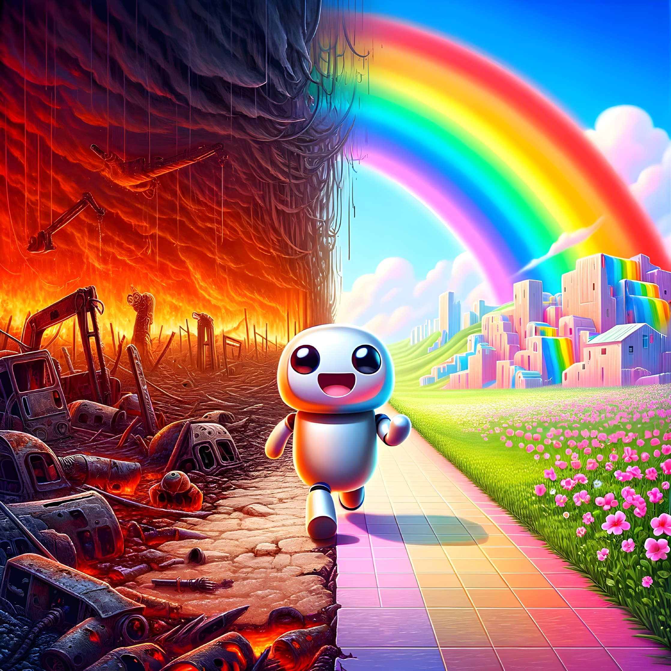 Smiling character transitions from dystopian to utopian world with vivid rainbow