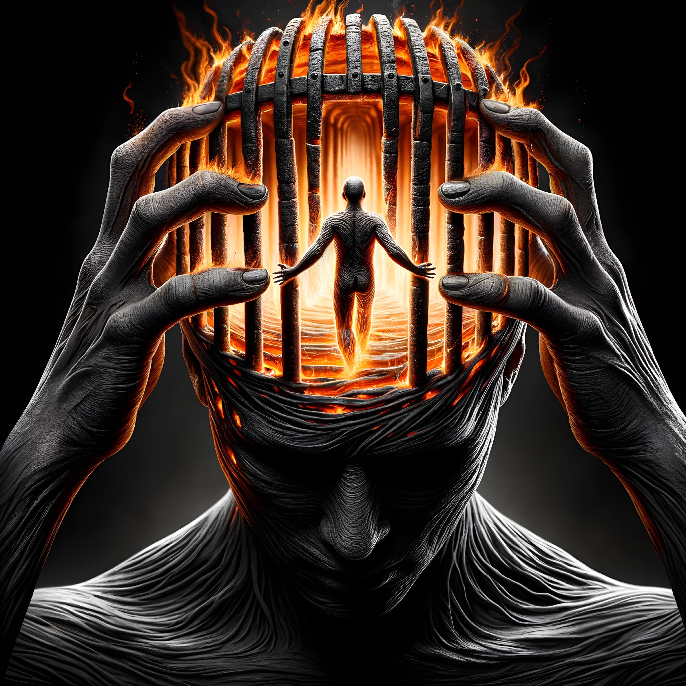 Surreal Image of a Fiery Cage in Place of Head