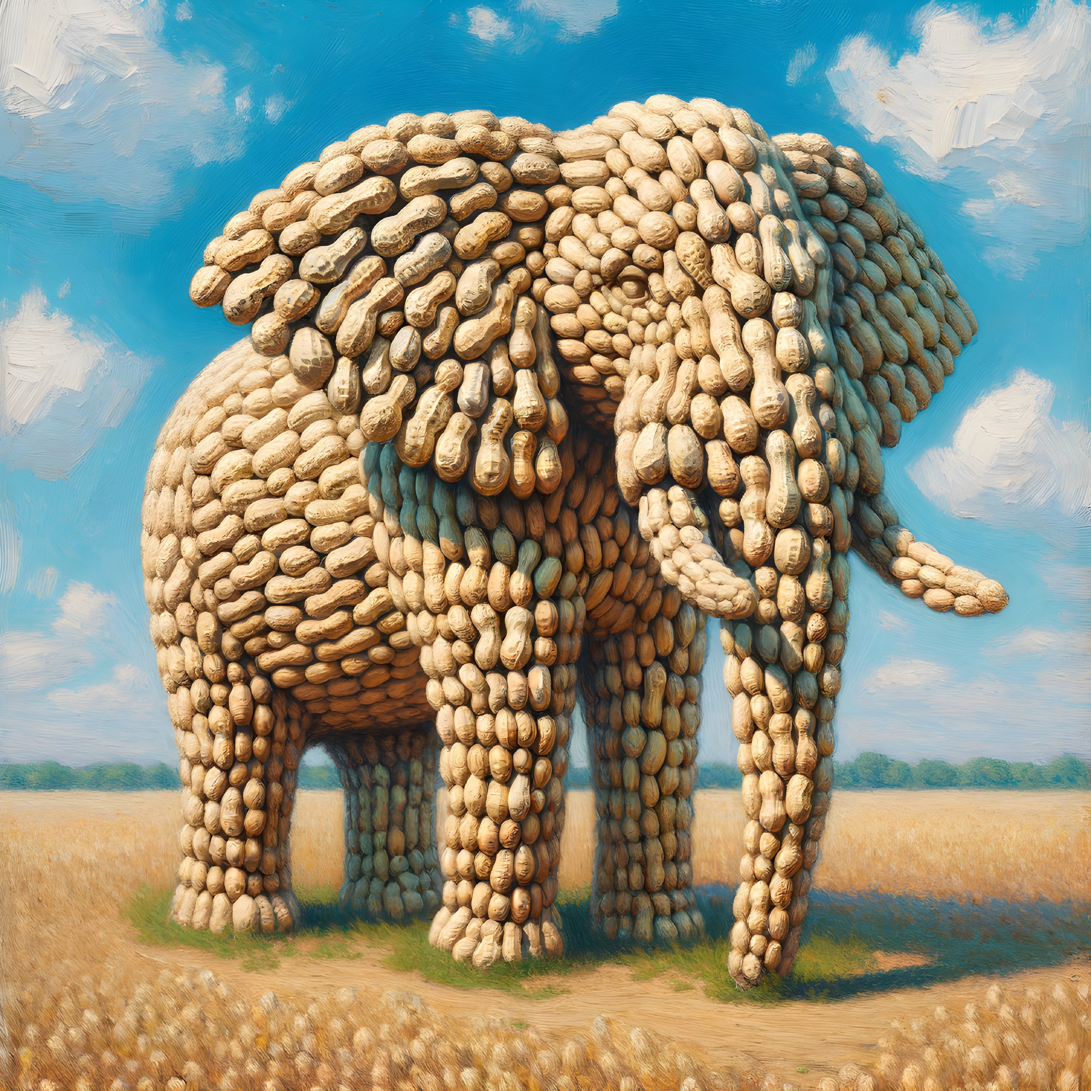 Golden Field Elephant Sculpture Made of Human Figures under Blue Sky