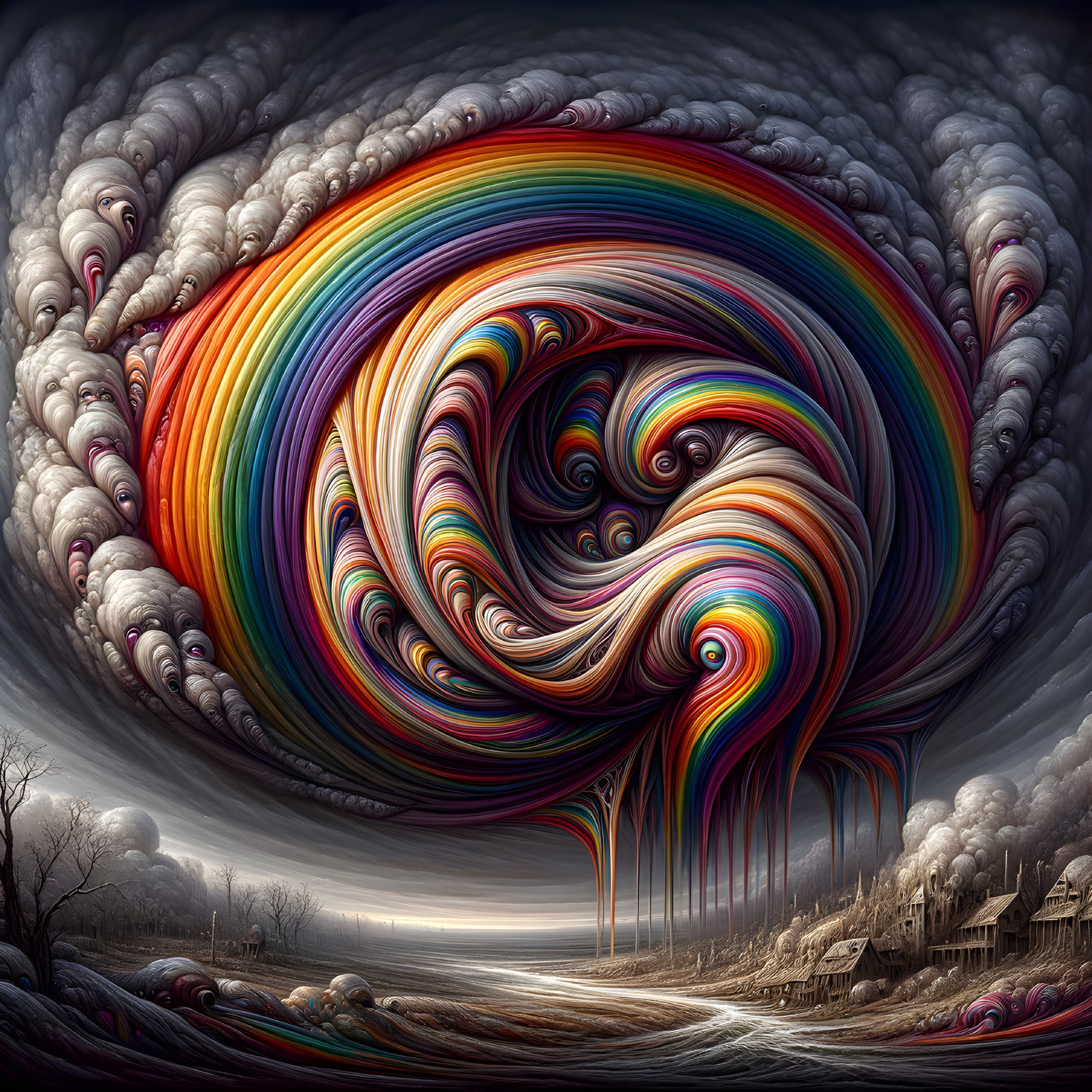 Surreal landscape with rainbow vortex and desolate road