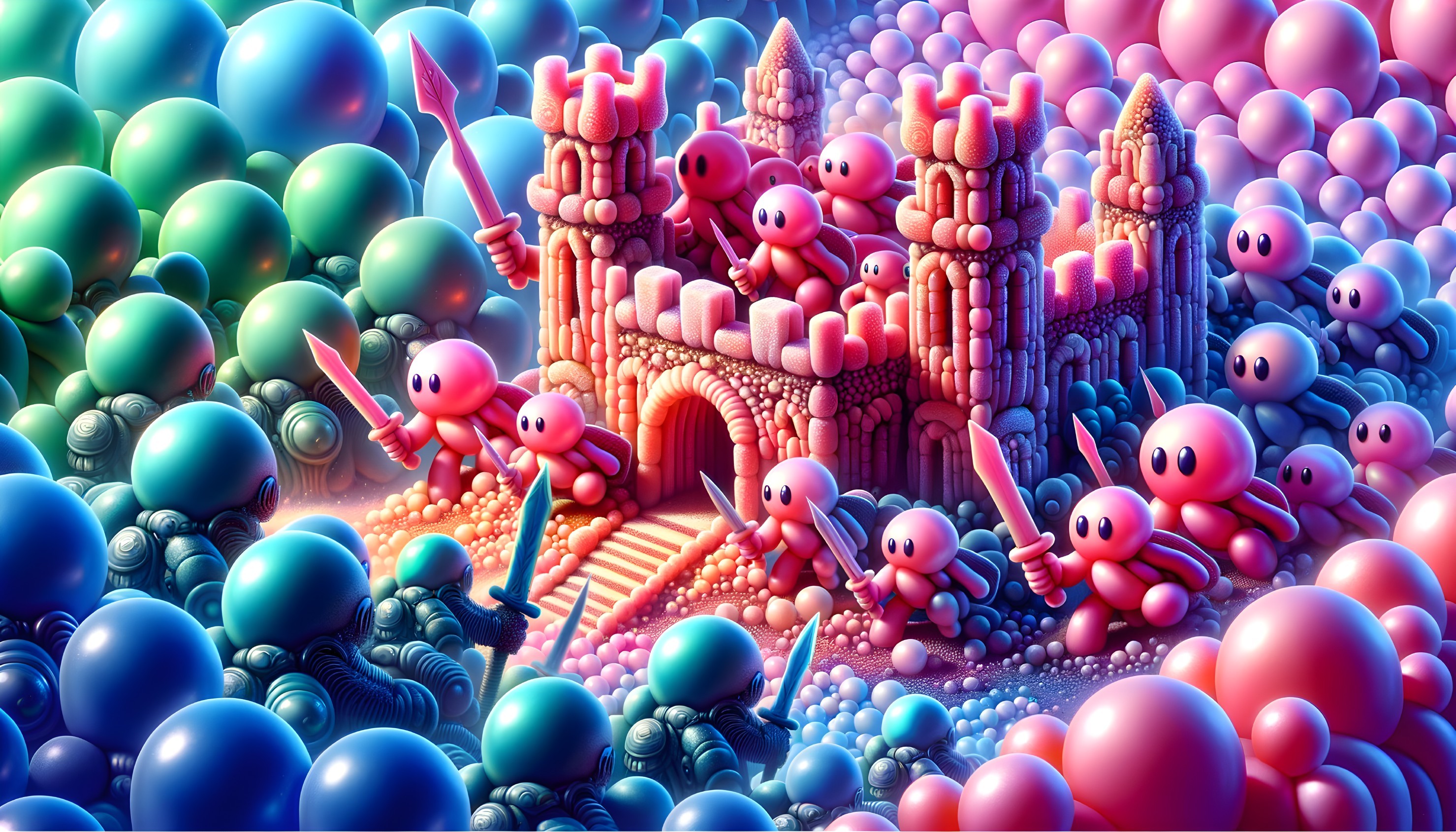 Colorful fantasy illustration with pink and blue characters, castle, and glossy spheres.