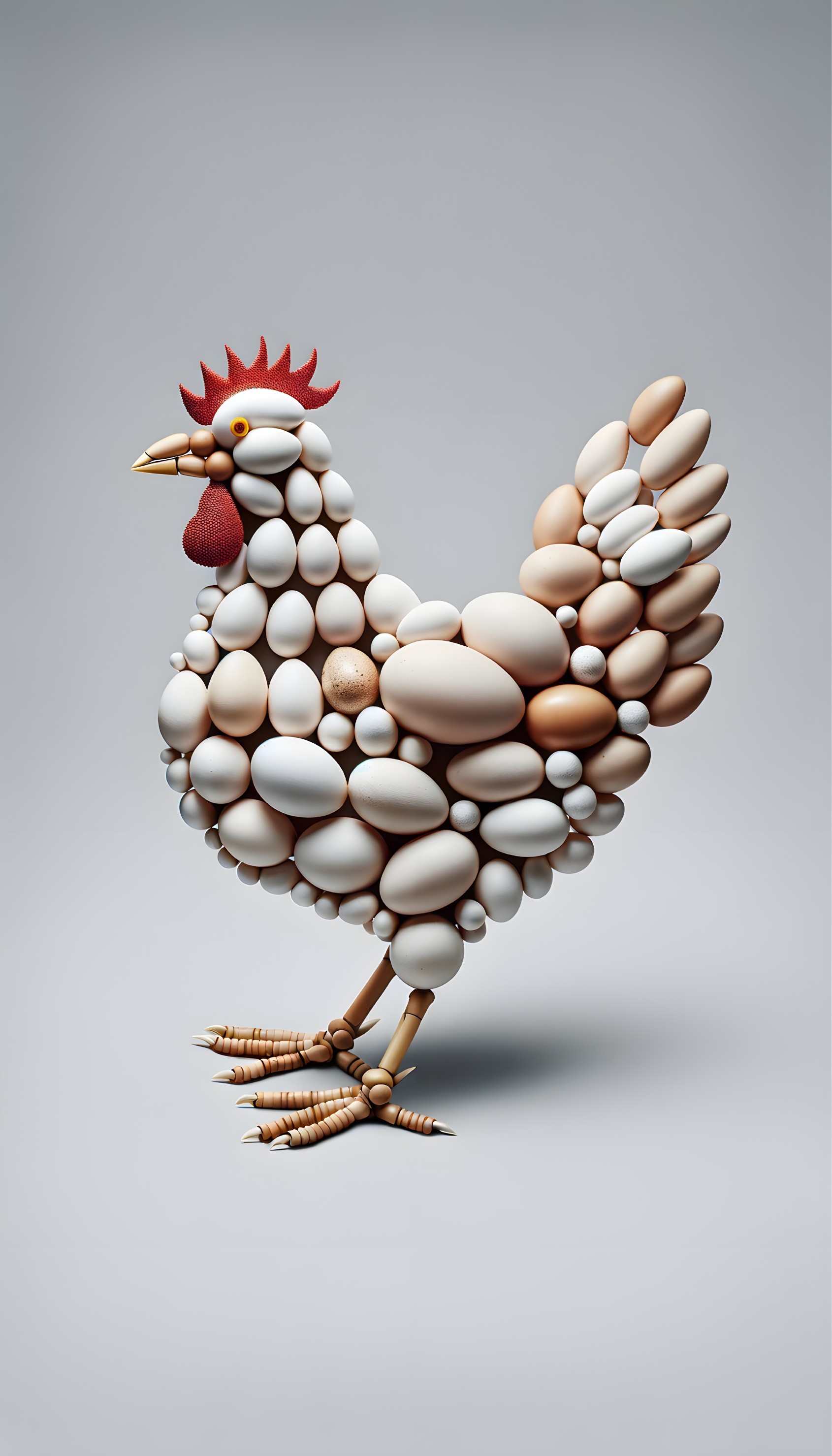 Illustration of chicken composed of eggs on plain background