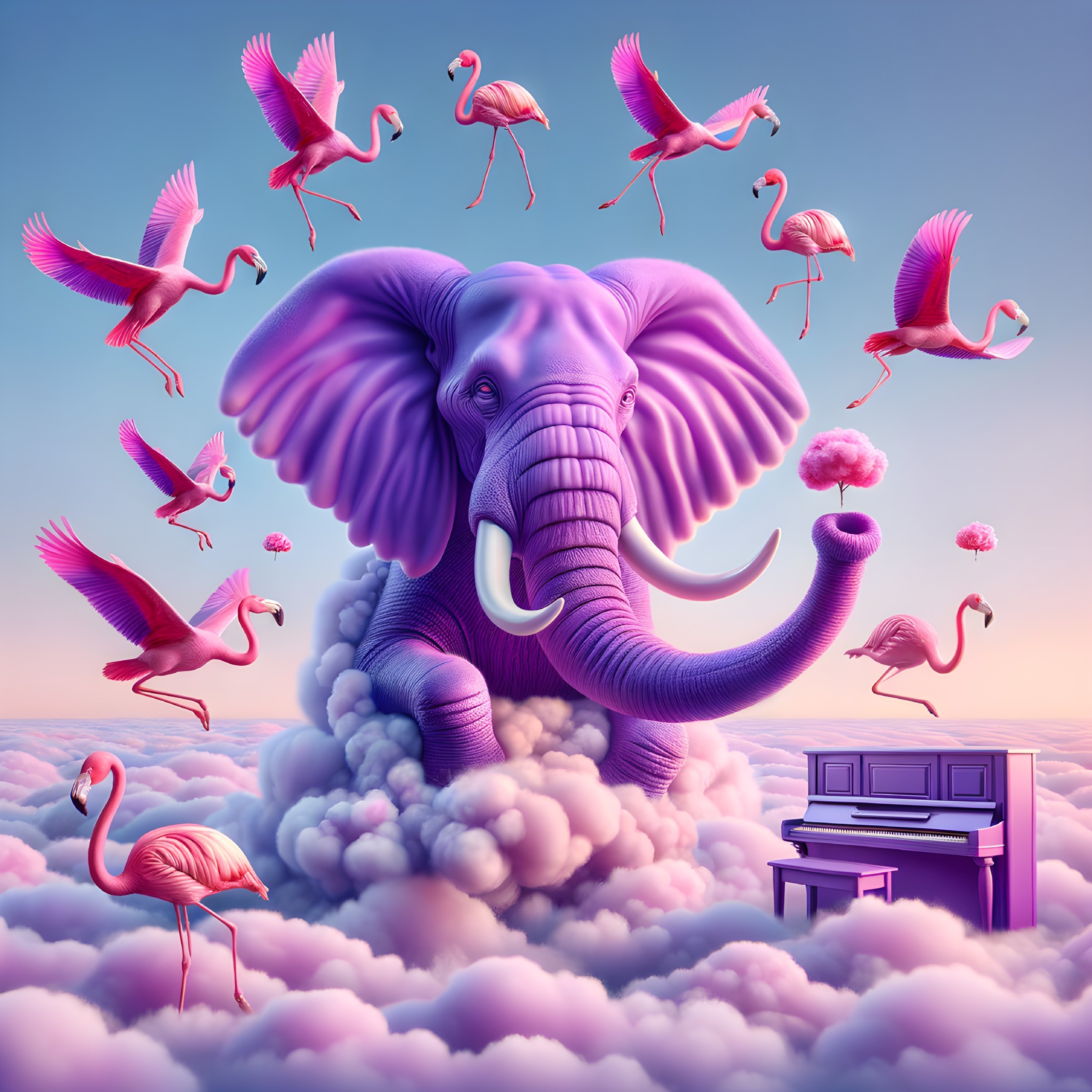 Whimsical purple elephant on clouds with pink flamingos and piano