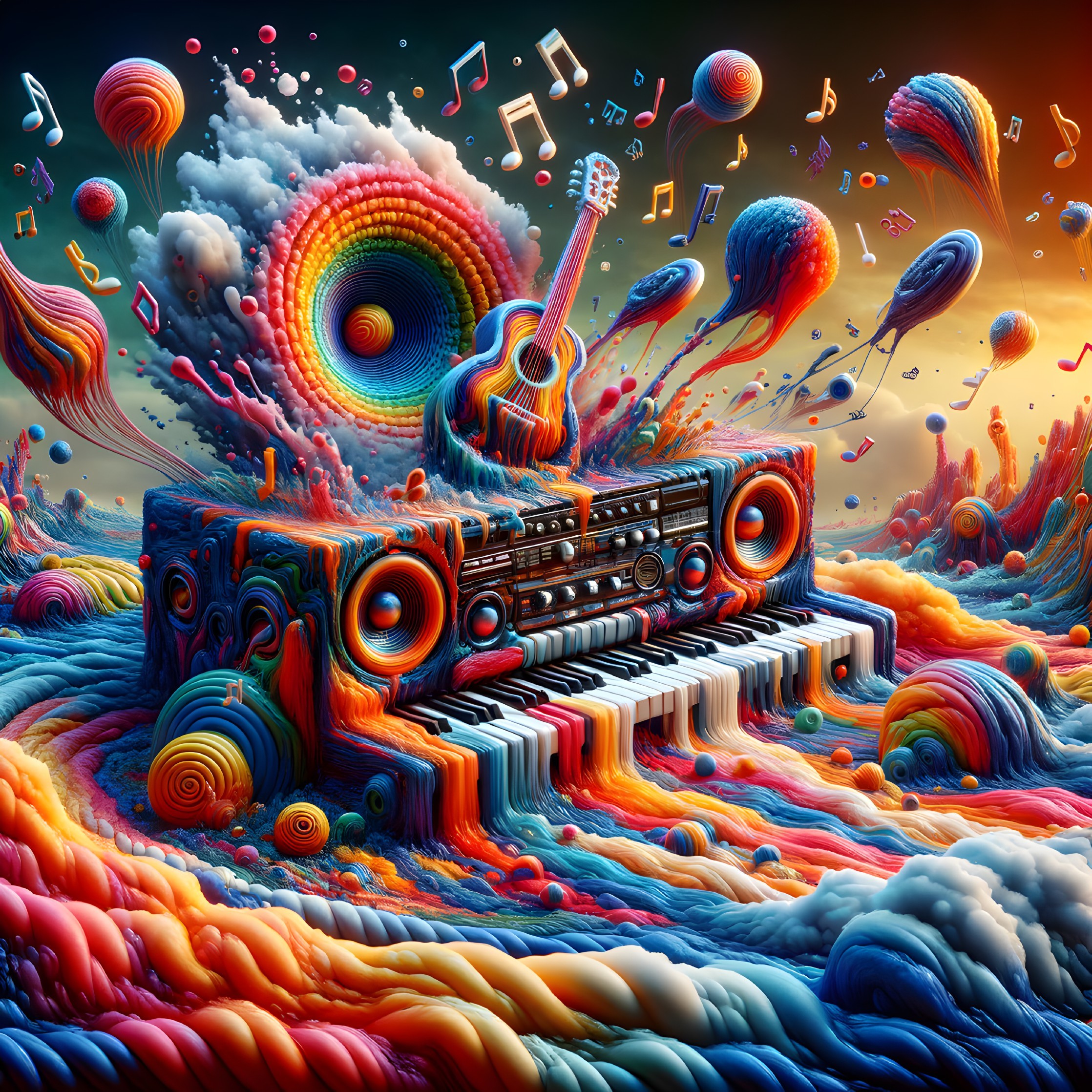 Surreal Musical Landscape with Guitar and Boombox