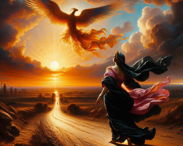 Dramatic Sunset with Phoenix and Woman on Path