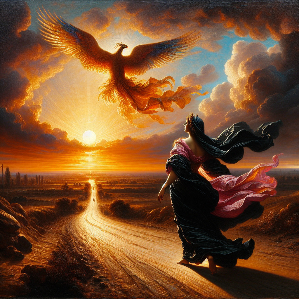 Dramatic Sunset with Phoenix and Woman on Path