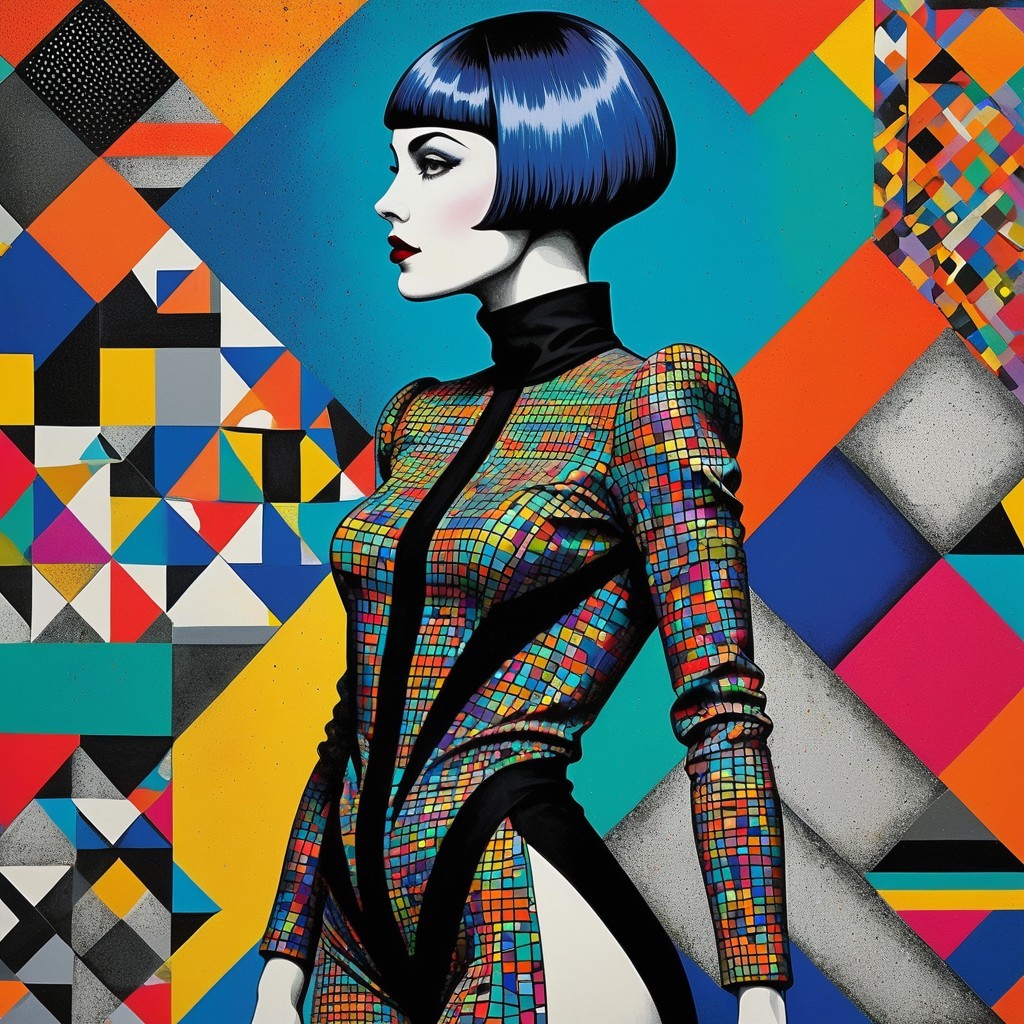 Stylized Female Figure with Geometric Patterns and Colors