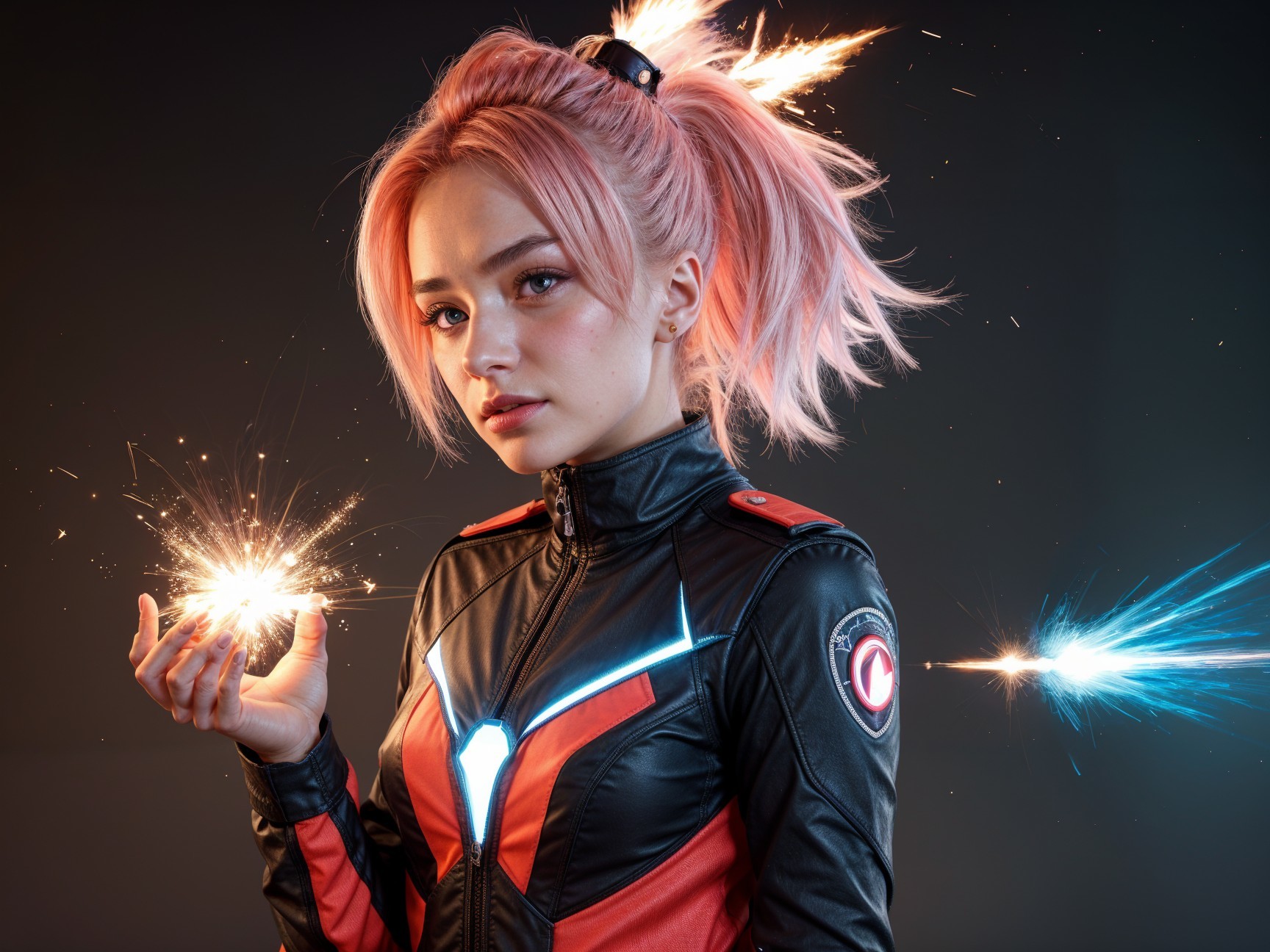 Young woman in pink pigtails with glowing sparks