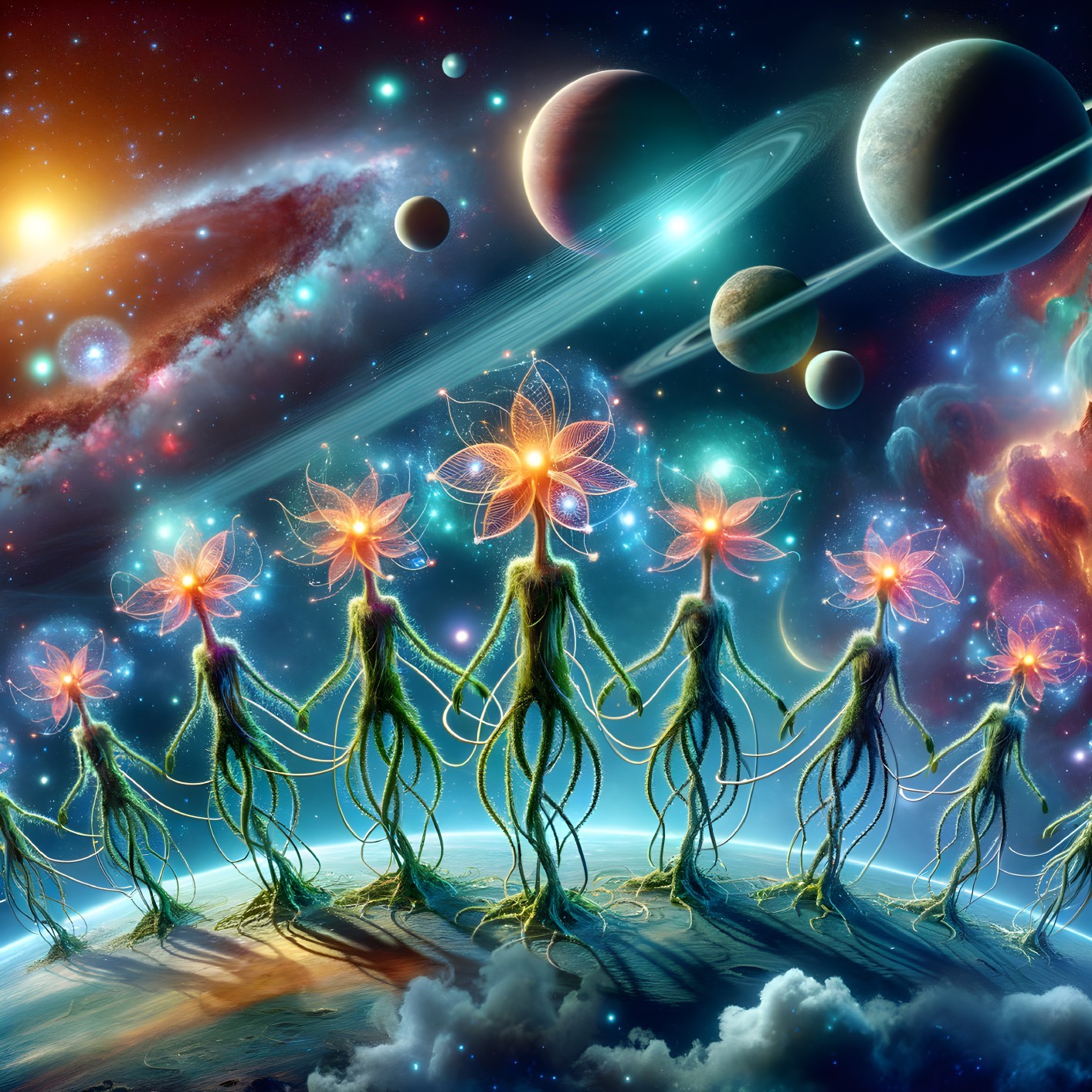 Ethereal Flower Beings in a Cosmic Landscape