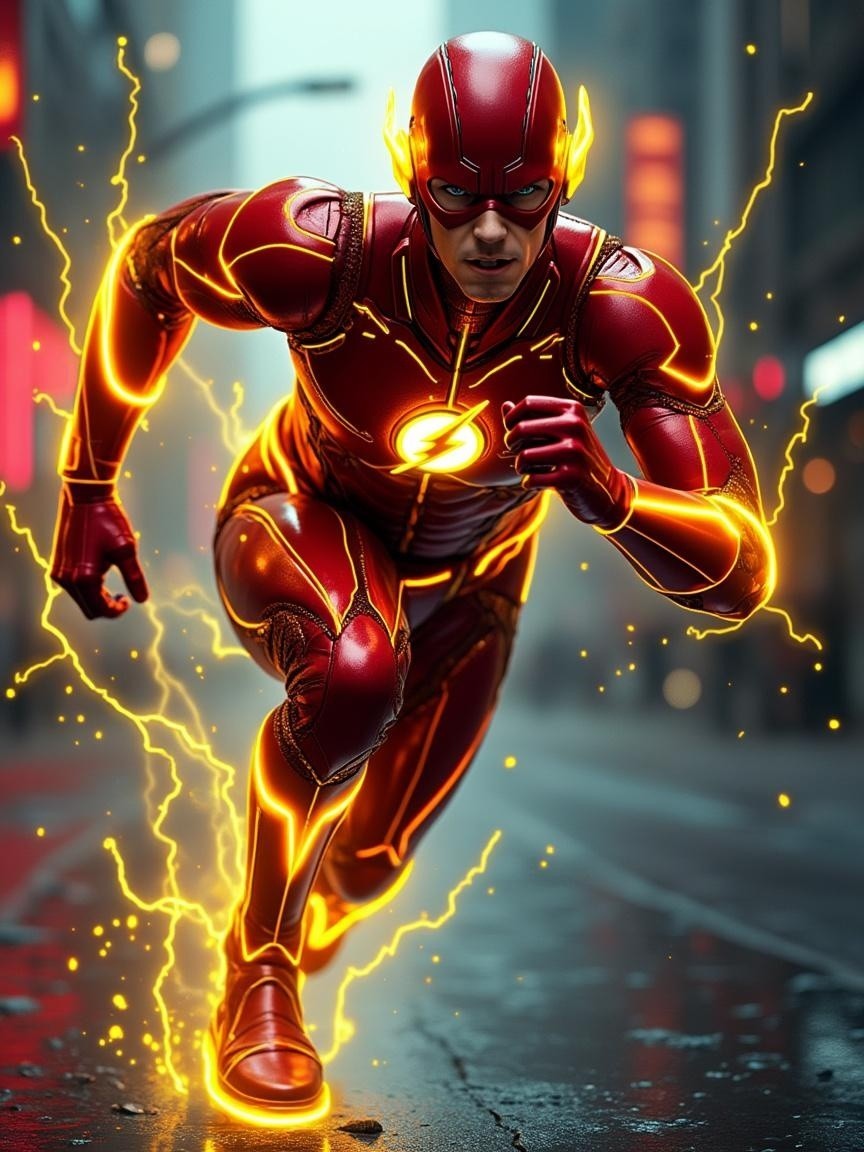 Dynamic superhero in red suit with lightning bolt emblem