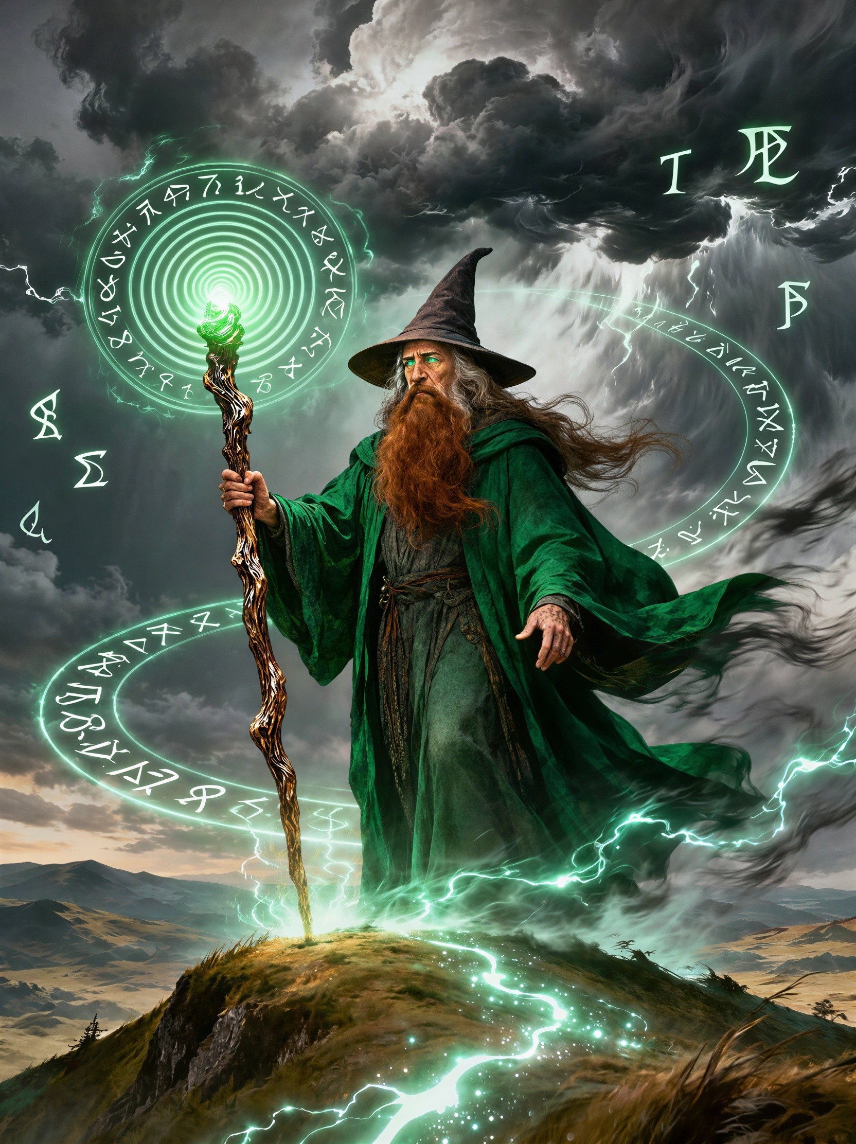 Old Wizard on Grassy Hill with Glowing Staff and Runes