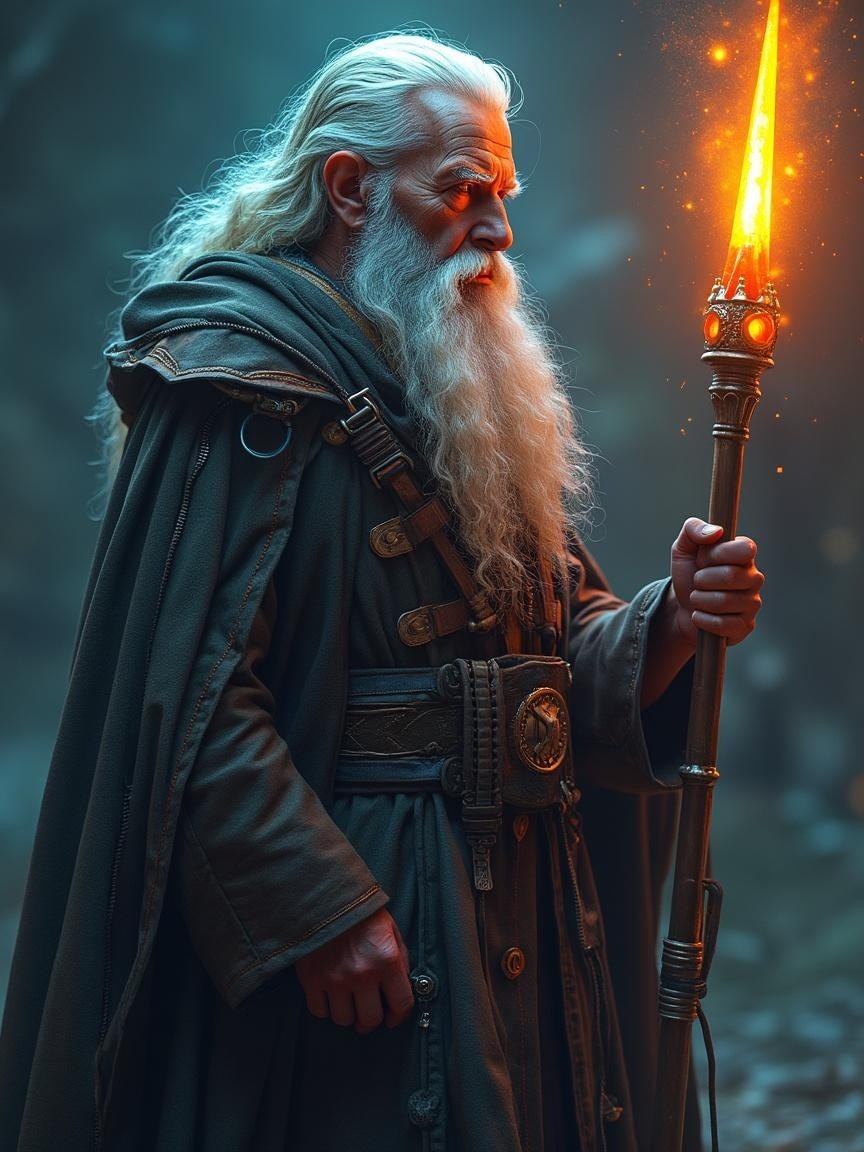 Elderly Figure in Mystical Forest with Glowing Staff