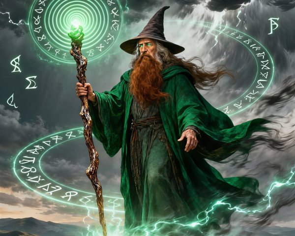 Old Wizard on Grassy Hill with Glowing Staff and Runes