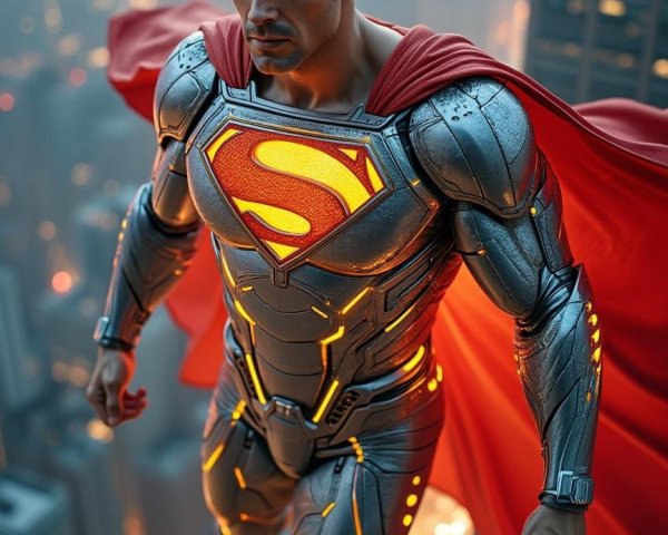 Futuristic robotic superhero above city skyline at twilight