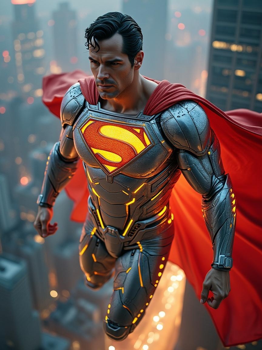 Futuristic robotic superhero above city skyline at twilight