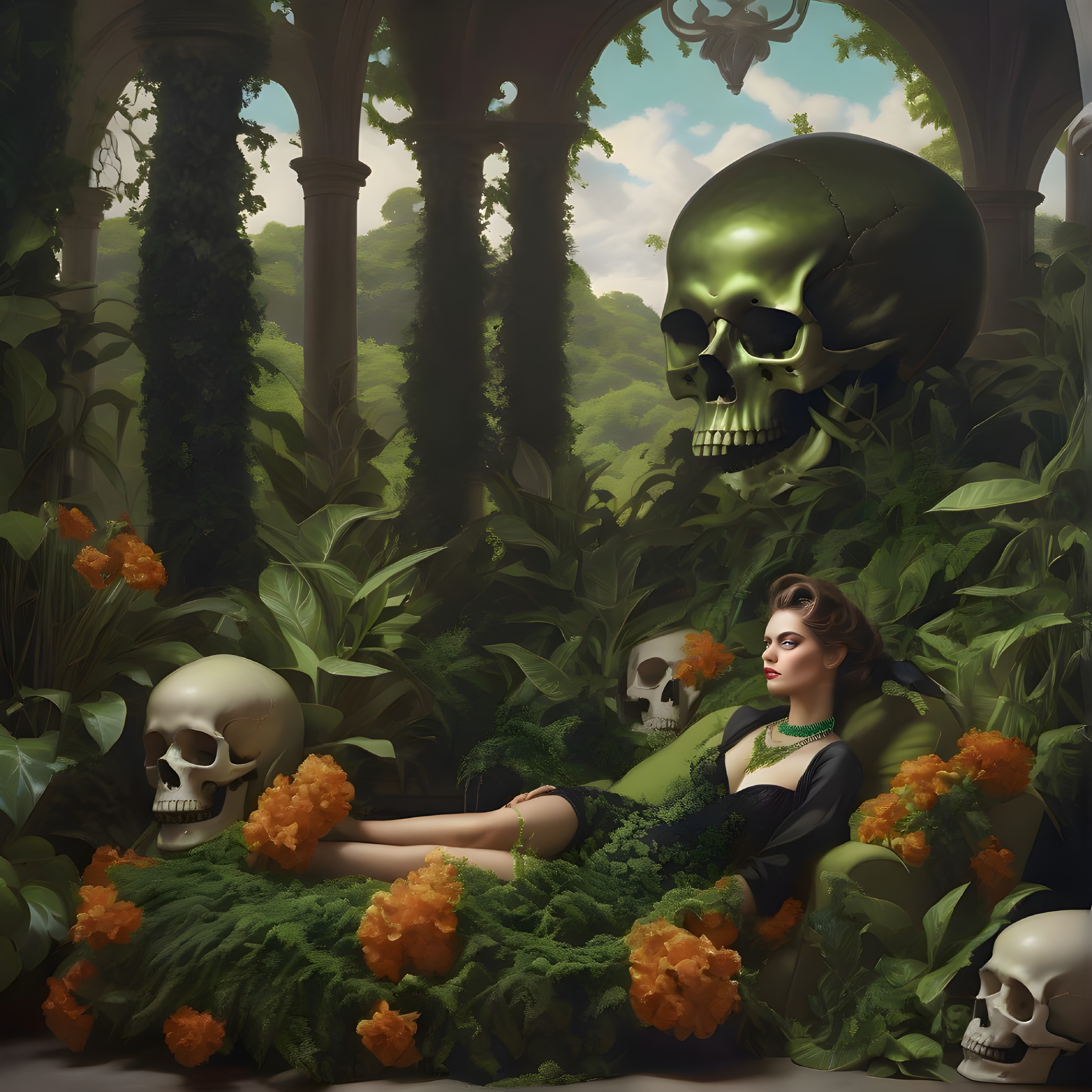 Surreal Scene with Figure, Skulls, and Flowers