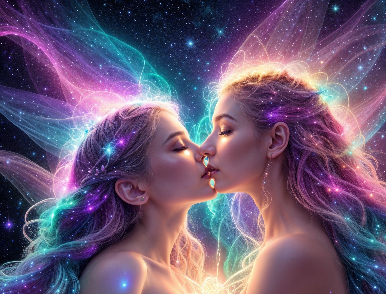Ethereal Figures with Flowing Hair in Cosmic Setting