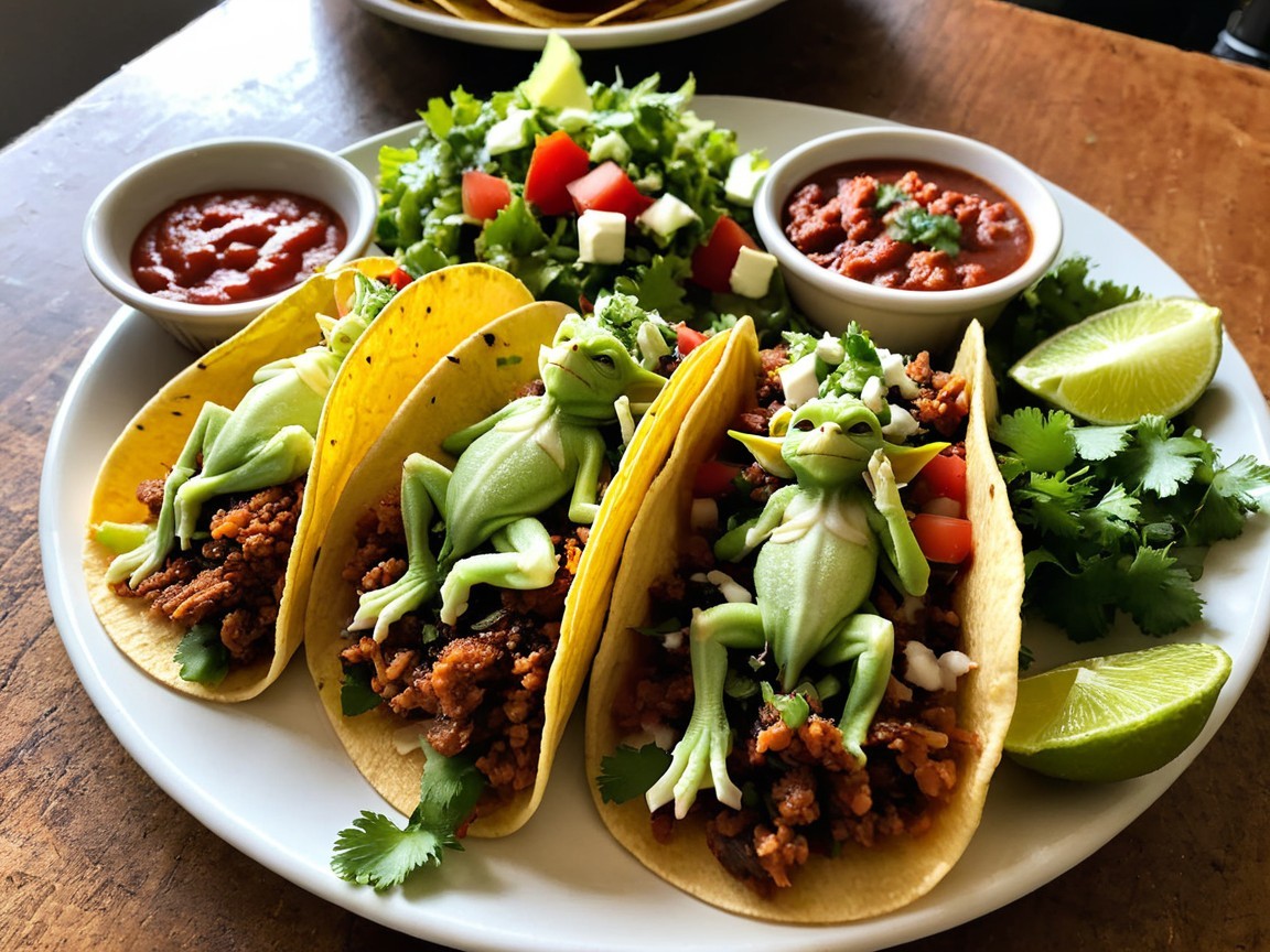 Vibrant Tacos with Frog Figurines and Colorful Salad