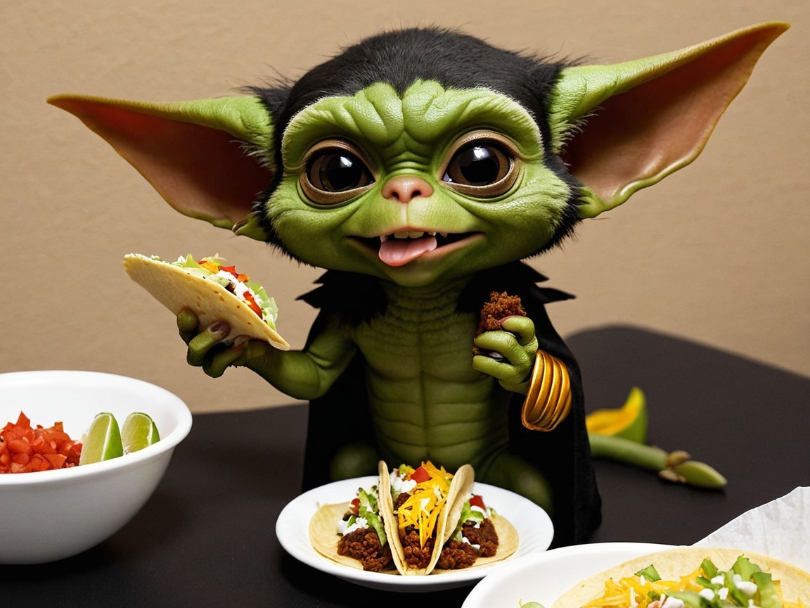Cute green creature with tacos and colorful toppings