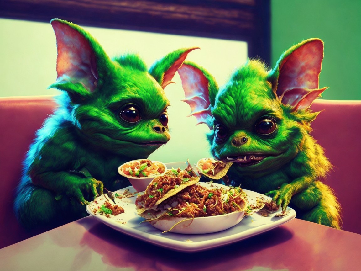 Whimsical Green Creatures Enjoying Tacos at Table
