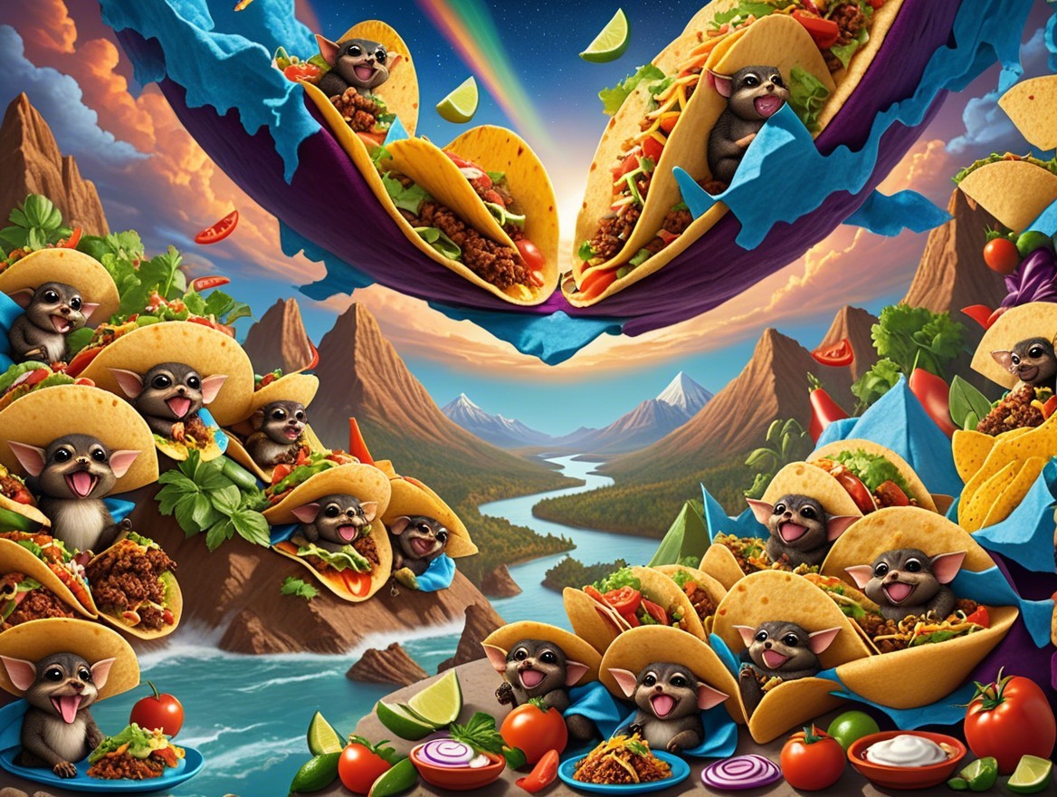 Whimsical Creatures Enjoying Tacos in Vibrant Landscape