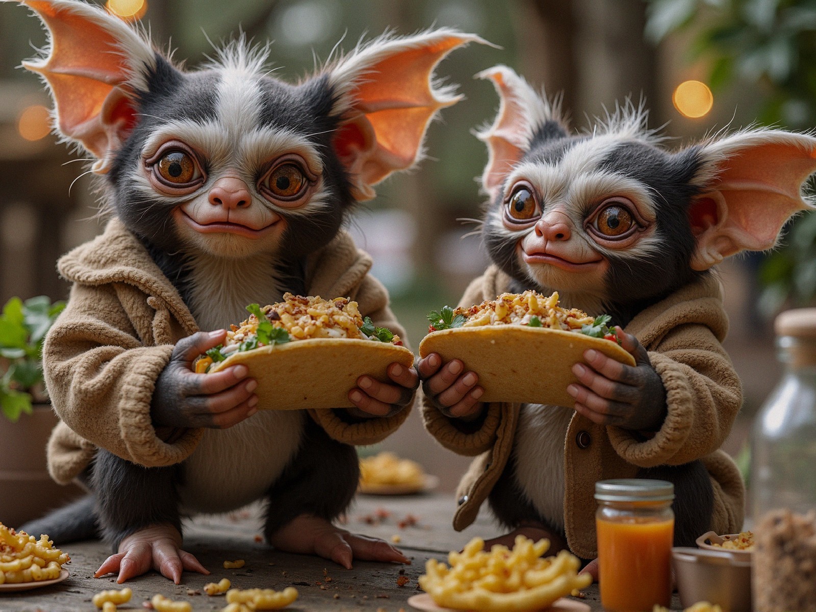 Whimsical Creatures Enjoy Tacos at Rustic Table