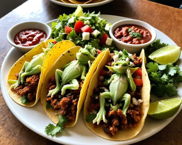 Vibrant Tacos with Frog Figurines and Colorful Salad