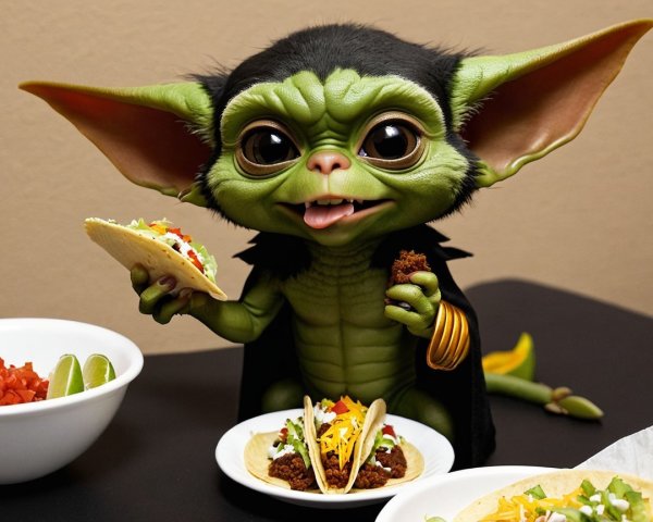 Cute green creature with tacos and colorful toppings