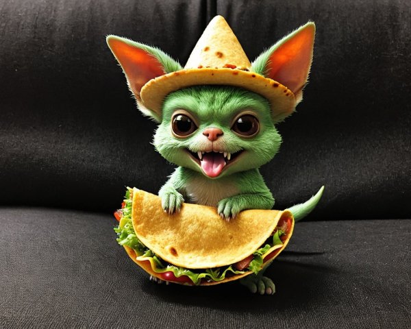 Cartoon Creature with Sombrero and Taco Delight