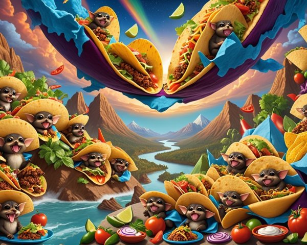 Whimsical Creatures Enjoying Tacos in Vibrant Landscape