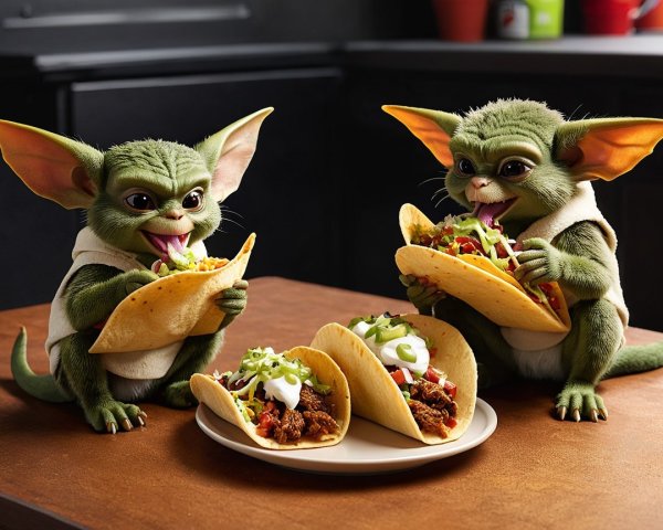 Adorable Characters Enjoying Tacos in Cozy Kitchen