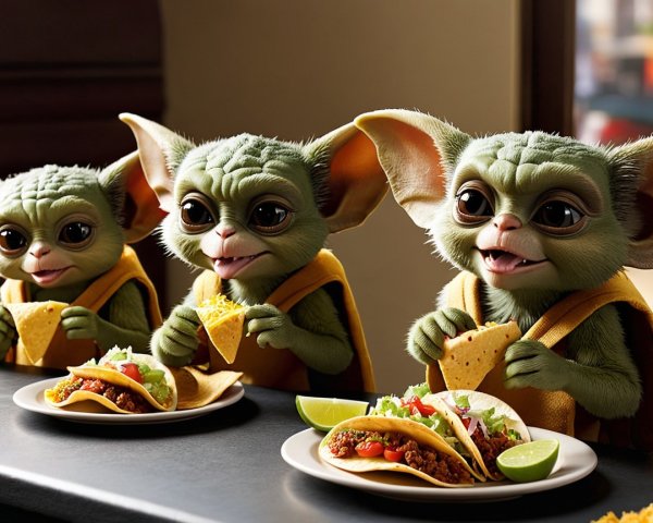 Small green creatures enjoying tacos at a table