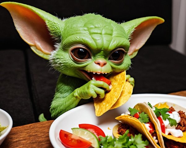 Large-eyed creature enjoying a taco in cozy setting